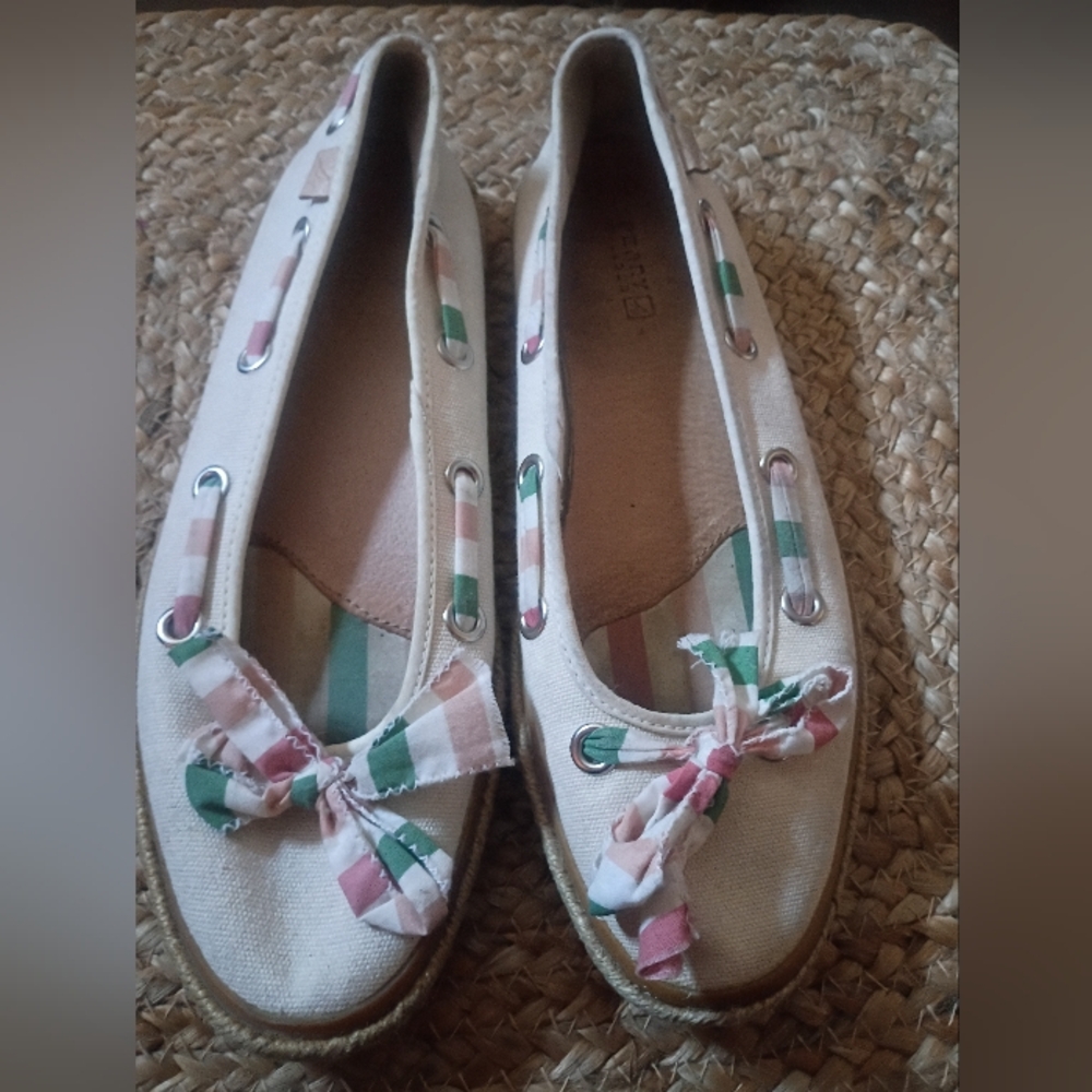Sperry Top-Sider Canvas Espadrille Flats Bow Slip On Preppy Cottagecore 8.5